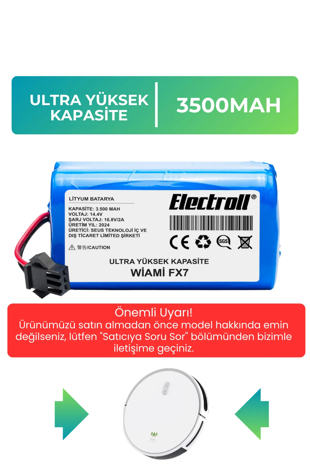 Wiami%20Fx7%20Uyumlu%20Robot%20Süpürge%20Bataryası%20Batarya%20(ULTRA%20YÜKSEK%20KAPASİTE)%203500mah%20Robot%20Süpürge%20Pil