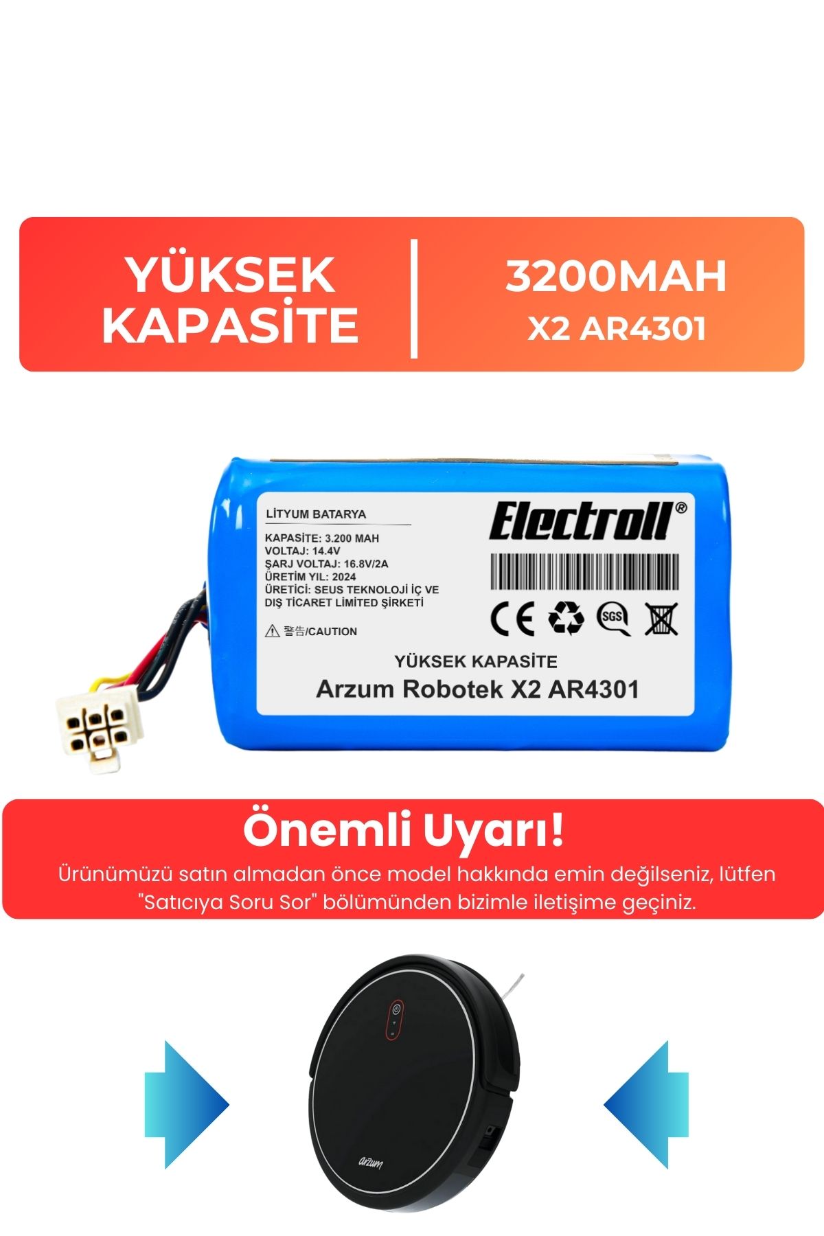 Arzum%20Robotek%20X2%20AR4301%20Robot%20Süpürge%20Bataryası%20(YÜKSEK%20KAPASİTE)%203200mAh%20Robot%20Süpürge%20Pil