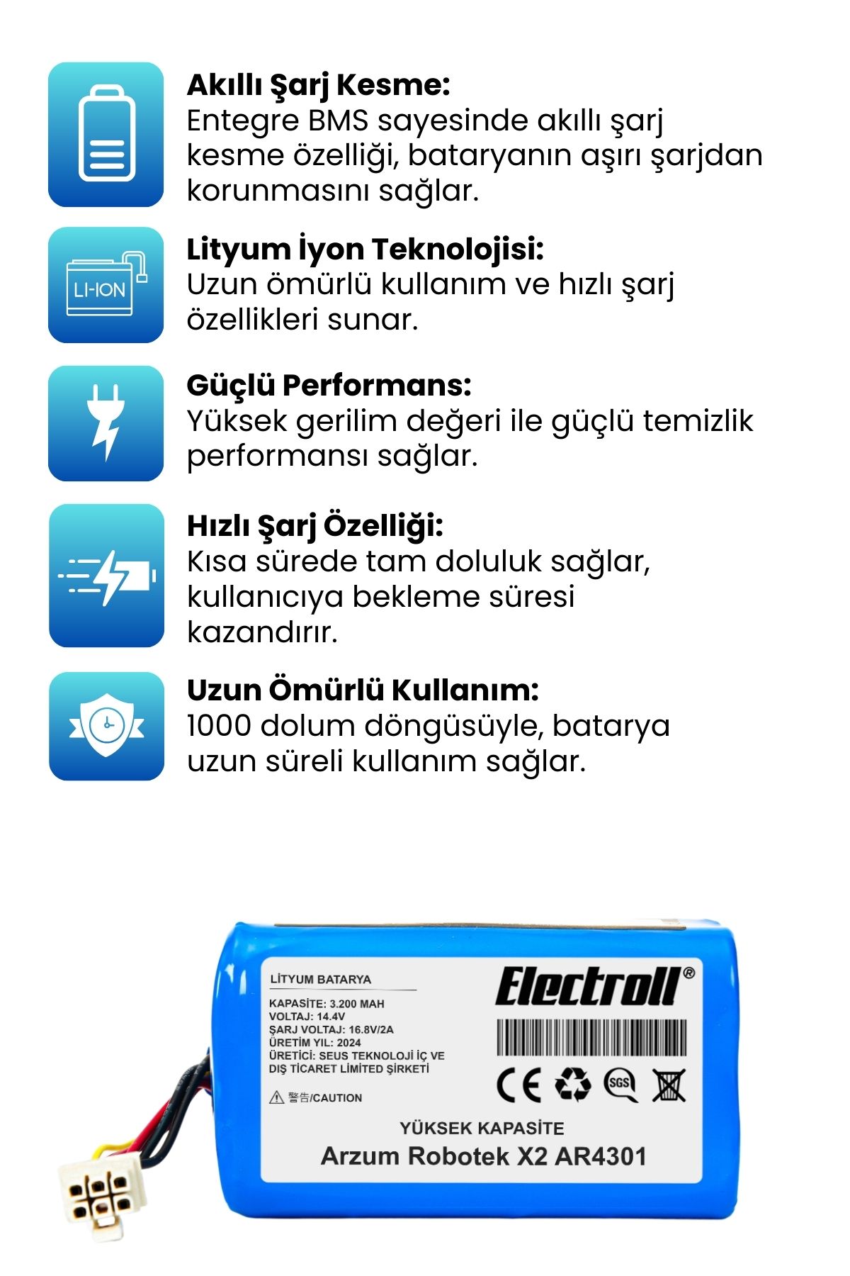 Arzum%20Robotek%20X2%20AR4301%20Robot%20Süpürge%20Bataryası%20(YÜKSEK%20KAPASİTE)%203200mAh%20Robot%20Süpürge%20Pil