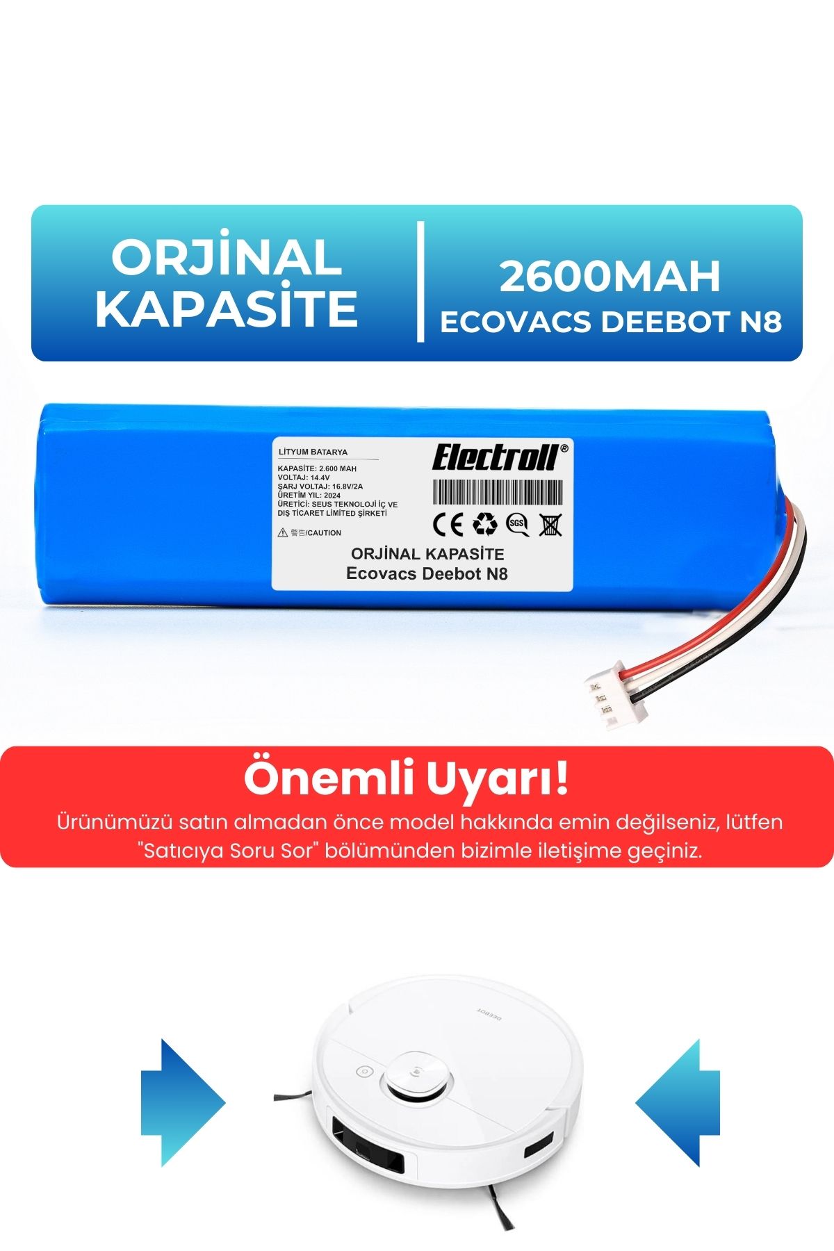 Ecovacs%20Deebot%20N8%20Robot%20Vacuum%20Cleaner%20Robot%20Süpürge%20(Orjinal%20Kapasite)%202600mAh%20Süpürge%20Pil