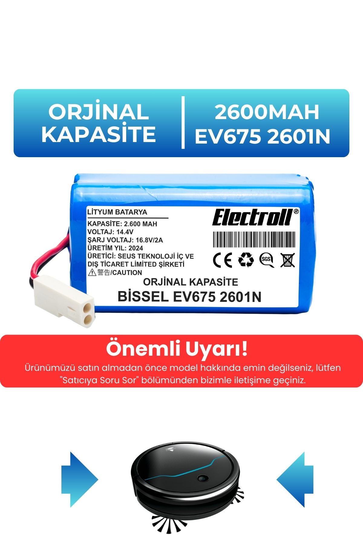 Bissell%20Ev675%202601N%20Uyumlu%20Robot%20Süpürge%20Bataryası%20(ORJİNAL%20KAPASİTE)%202600mAh