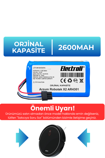 Arzum Robotek X2 AR4301 Robot Süpürge Bataryası (ORJİNAL KAPASİTE) 2600mAh Robot Süpürge Pil