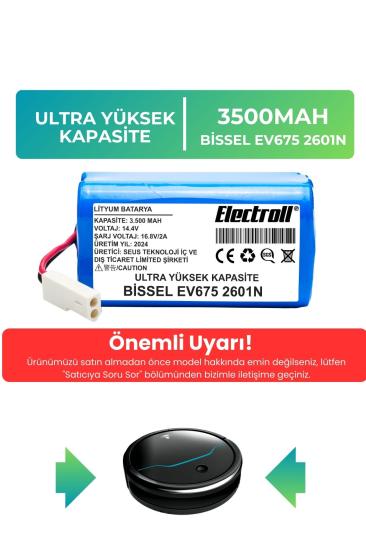 Bissell Ev675 2601N Uyumlu Robot Süpürge Bataryası (ULTRA YÜKSEK KAPASİTE) 3500mAh