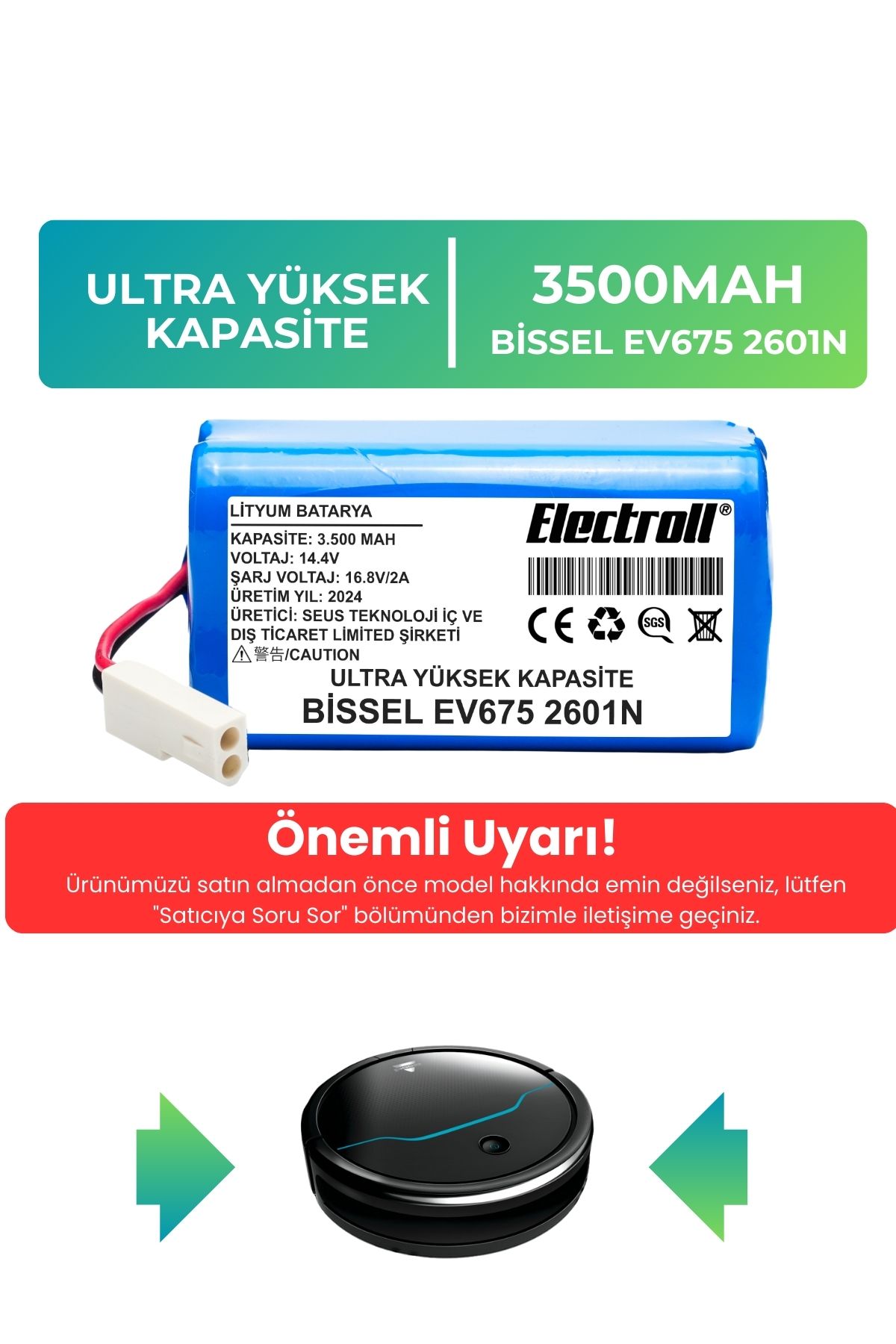 Bissell%20Ev675%202601N%20Uyumlu%20Robot%20Süpürge%20Bataryası%20(ULTRA%20YÜKSEK%20KAPASİTE)%203500mAh