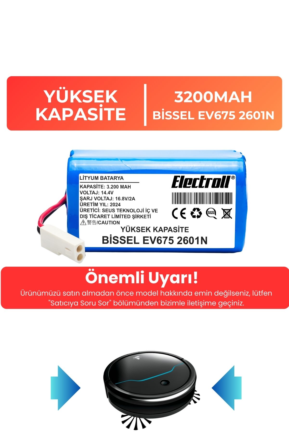 Bissell%20Ev675%202601N%20Uyumlu%20Robot%20Süpürge%20Bataryası%20(YÜKSEK%20KAPASİTE)%203200mAh