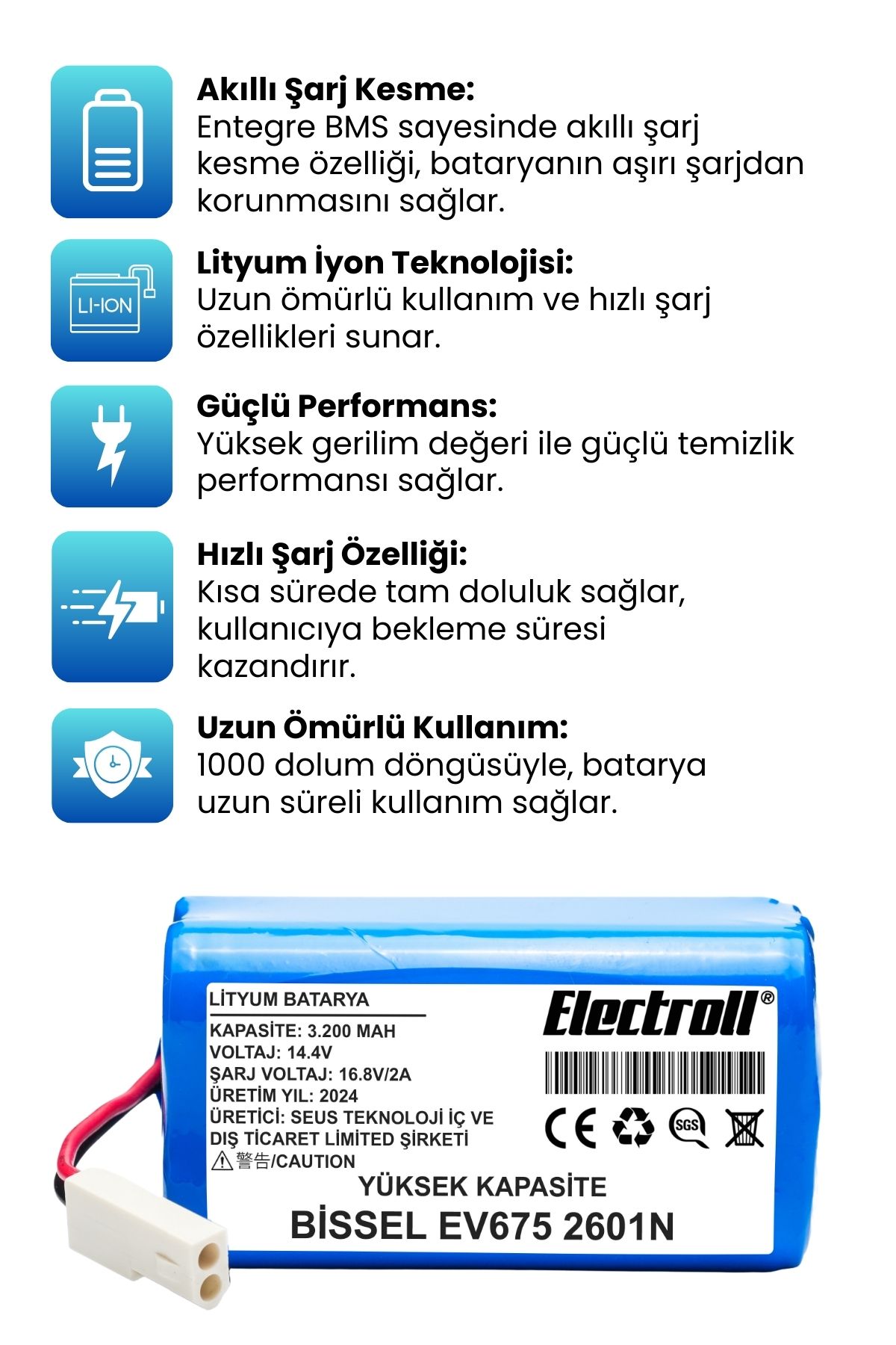 Bissell%20Ev675%202601N%20Uyumlu%20Robot%20Süpürge%20Bataryası%20(YÜKSEK%20KAPASİTE)%203200mAh